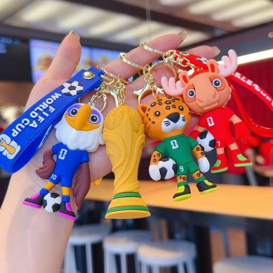 Soccer World Cup Keychain Set, 4 Pack PVC Cartoon Football Mascot & Trophy Key Rings