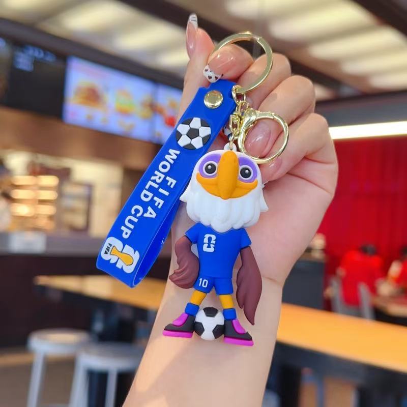 Soccer World Cup Keychain Set, 4 Pack PVC Cartoon Football Mascot & Trophy Key Rings