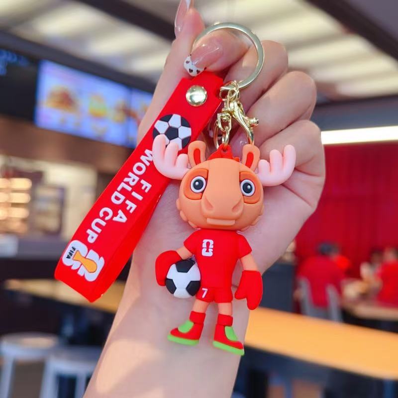 Soccer World Cup Keychain Set, 4 Pack PVC Cartoon Football Mascot & Trophy Key Rings