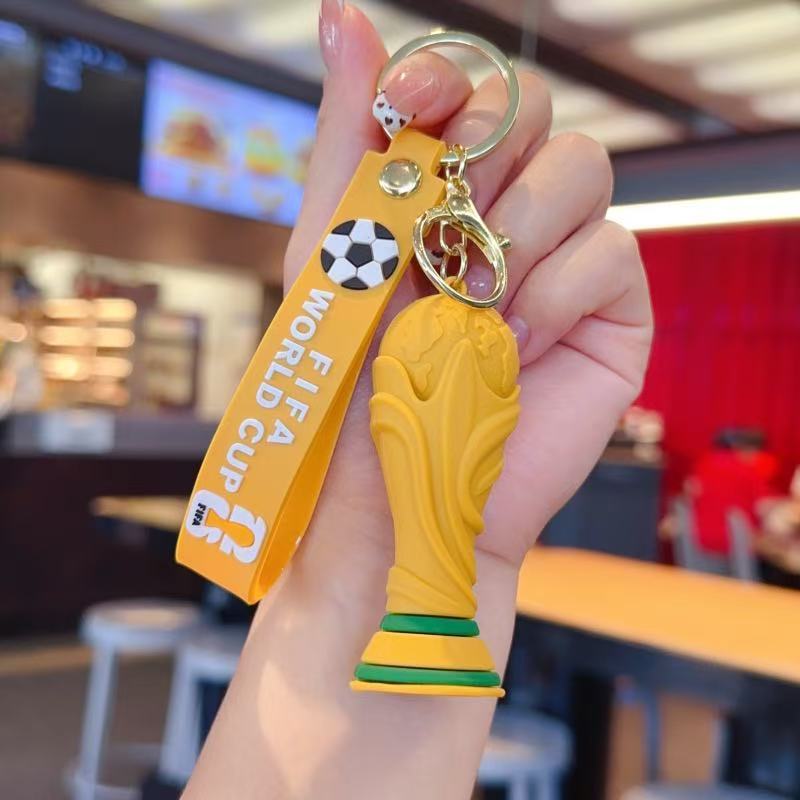 Soccer World Cup Keychain Set, 4 Pack PVC Cartoon Football Mascot & Trophy Key Rings