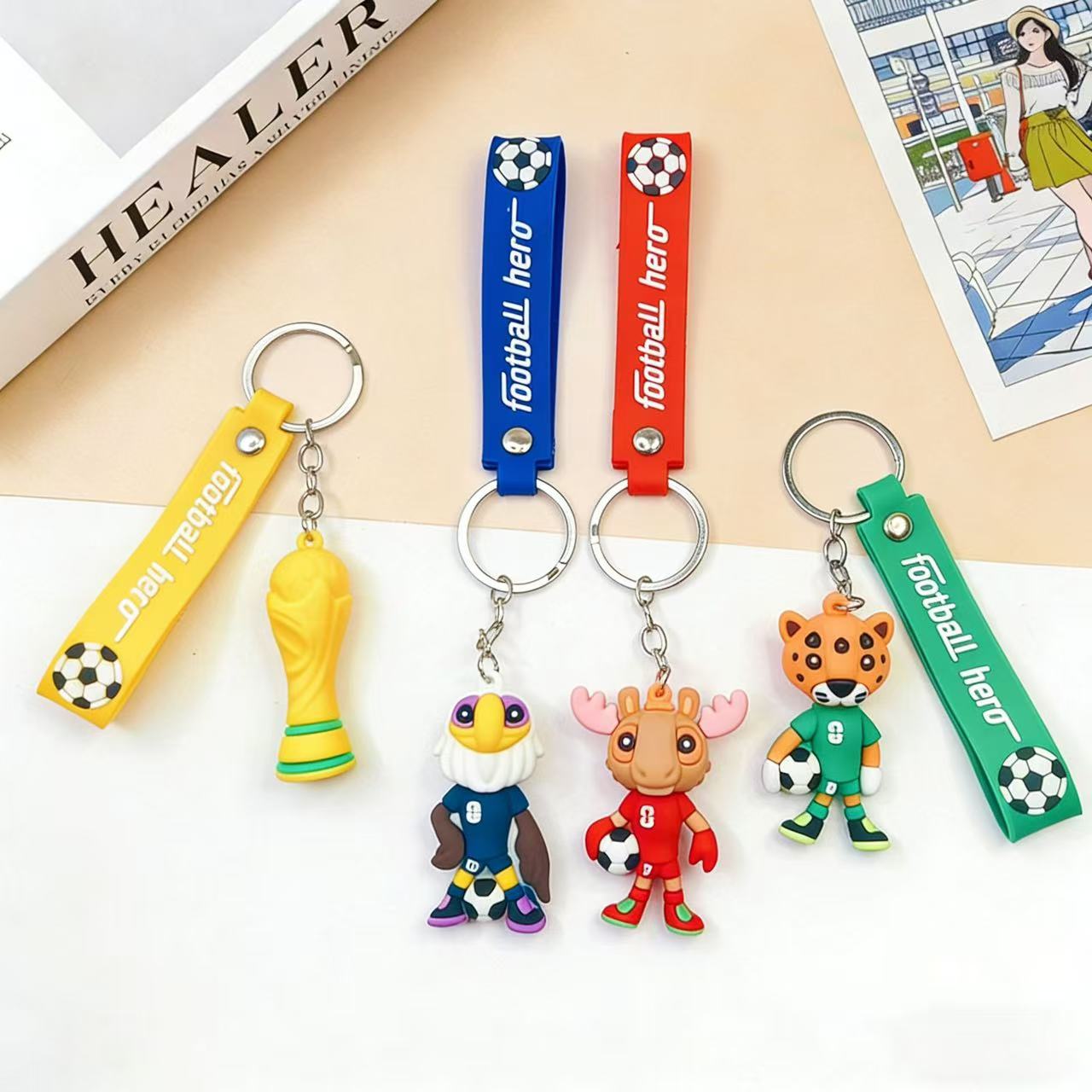 Soccer World Cup Keychain Set, 4 Pack PVC Cartoon Football Mascot & Trophy Key Rings